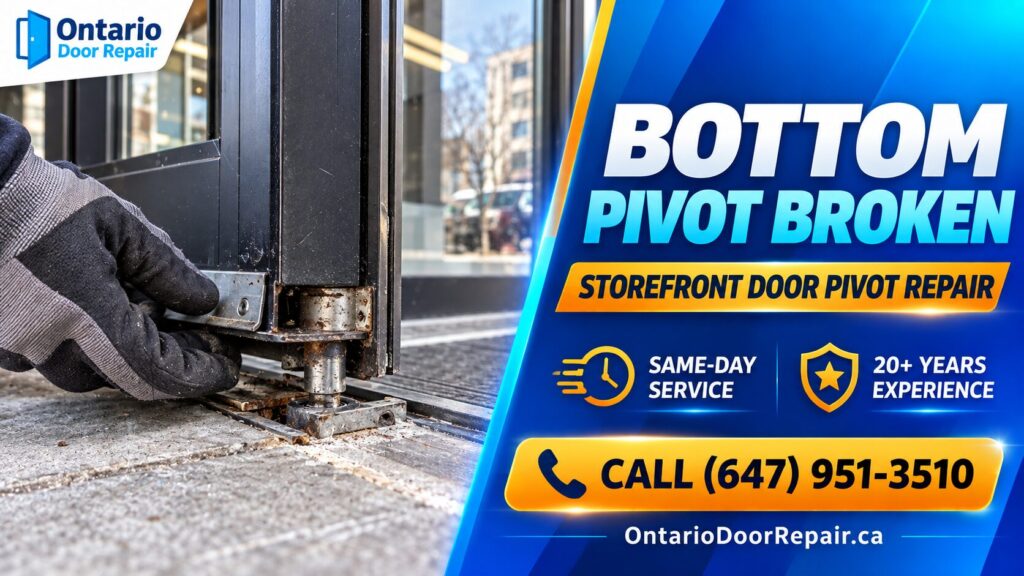 Bottom Pivot Broken Broken bottom pivot on an aluminum storefront door - storefront door pivot repair in Toronto