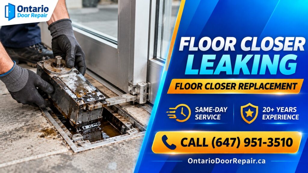 Floor Closer Leaking Leaking floor closer on a glass storefront door - floor closer replacement in Toronto