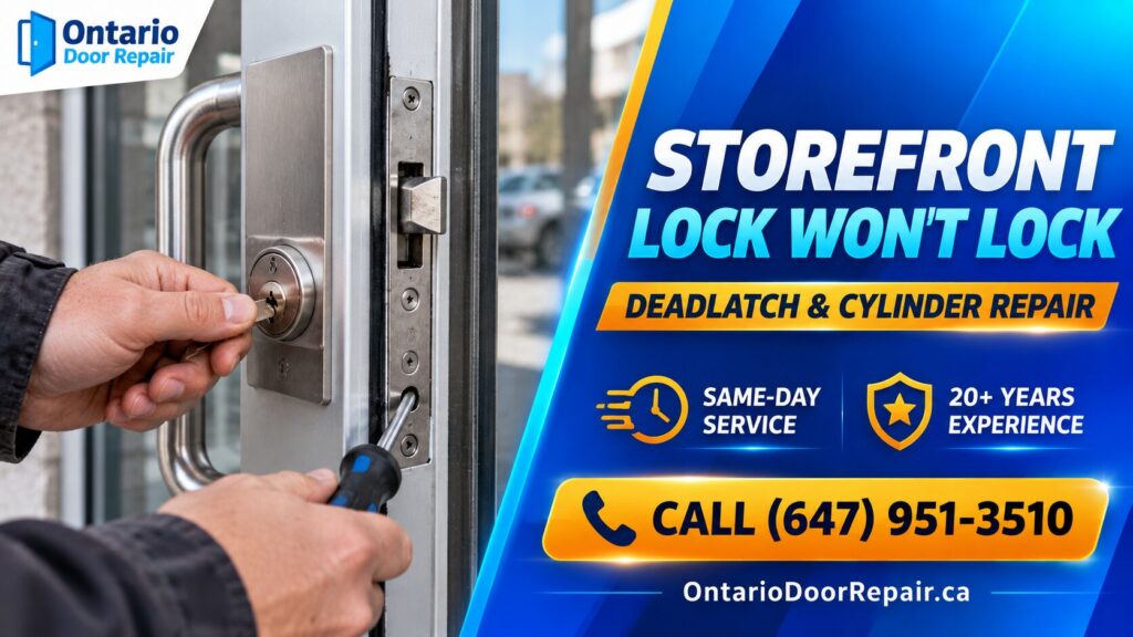 Storefront door lock won't lock - deadlatch and cylinder repair in Toronto
