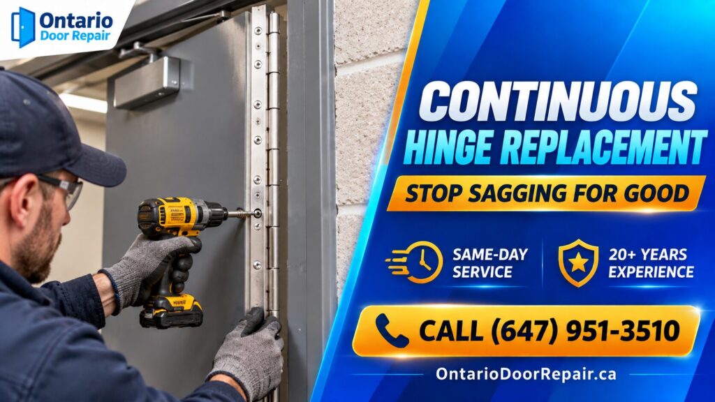 Continuous Hinge Replacement Continuous hinge replacement on a commercial door in Toronto - stop sagging for good