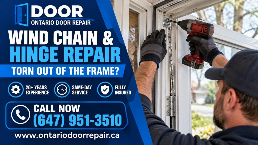 Storm door wind chain and hinge repair - door torn out of the frame