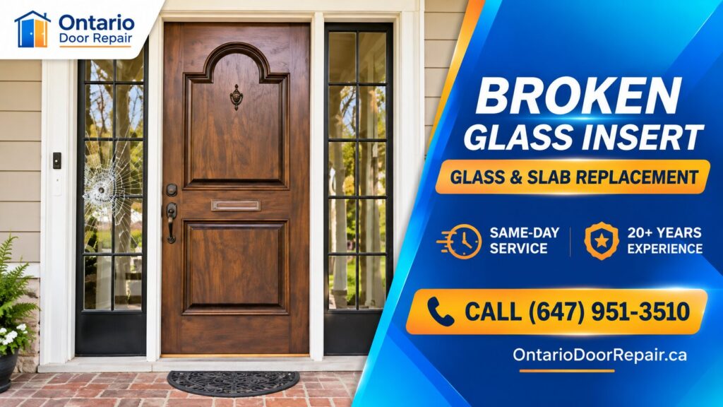 Broken glass insert in a front door, Toronto