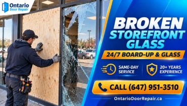 Broken storefront glass door - 24/7 board-up and glass replacement in Toronto