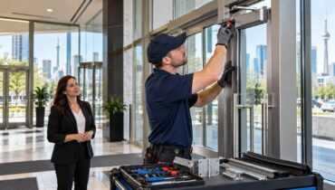 Technician servicing a commercial door closer in a Toronto office lobby