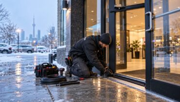 Technician installing a door sweep and threshold on a commercial door in winter