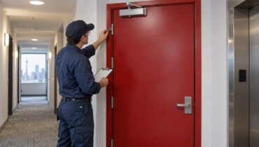 Technician inspecting a fire-rated door and closer in an Ontario building
