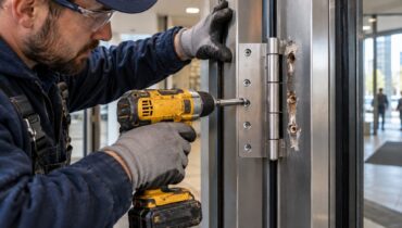 Technician reinstalling a hinge pulled out of a metal door frame