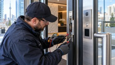 Technician testing an electric strike on a Toronto condo lobby door