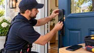 Technician installing a smart lock on an existing front door in Toronto