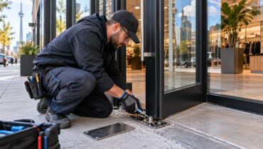 Technician repairing a storefront glass door floor pivot in Toronto